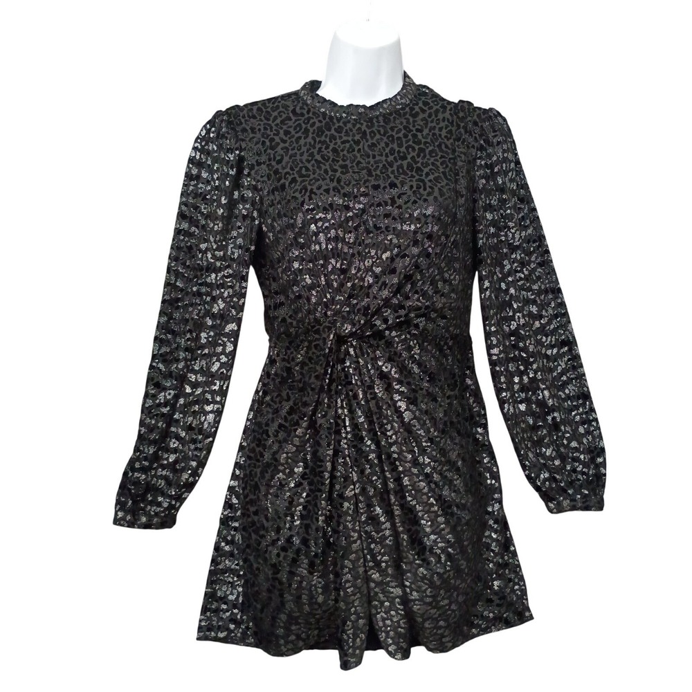 AllSaints Womens US 2 WD294X Metallic Leopard Print Long Sleeve Mini Dress Party